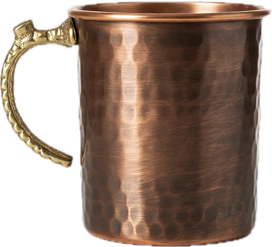 Drinking mug, oxidised copper, brass handle